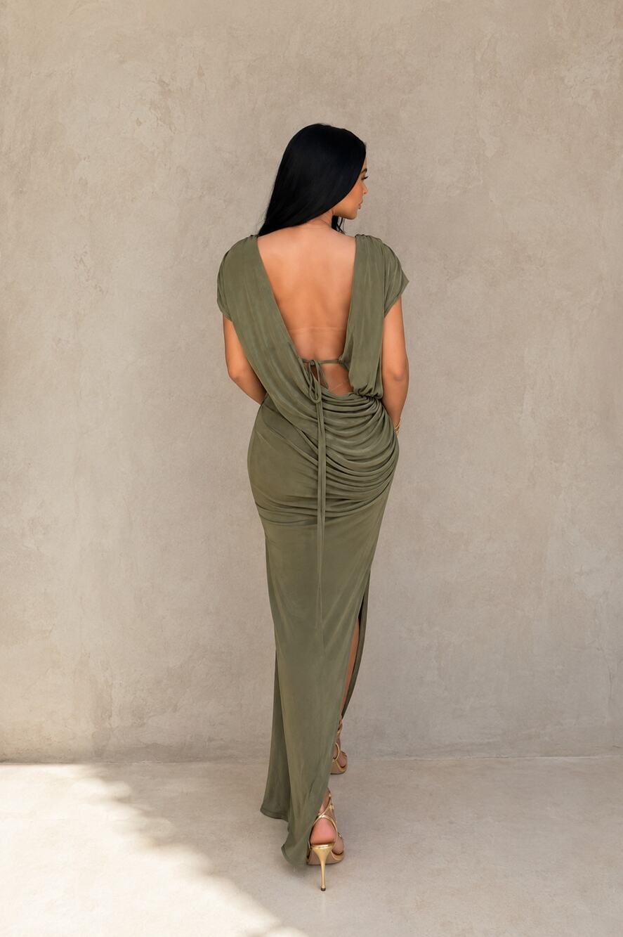 Cou Coo | Olive Green Ruched Open Back Bodycon Maxi Dress Side Slit S